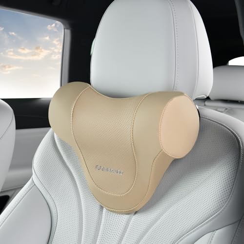 Coverado Car Headrest Pillow, Ergonomic Memory Foam Car Neck Pillow for Driving Seat with Adjustable Strap, Soft PU Leather Breathable Removable Cover Neck Support for Neck Pain Relief - Beige - color: Beige, size: Headrest Pillow