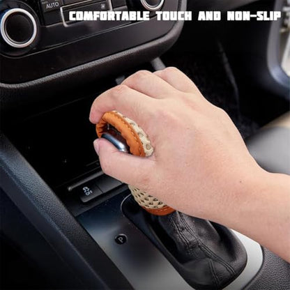 Car Gear Shift Knob Cover, Dust-Proof Soft Breathable Vehicle Manual Stick Handle Shifting Knob Protector, Automotive Interior Shift Lever Decoration, Universal Fit (Beige/Brown line)