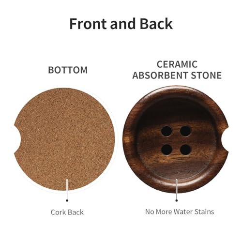Wooden Buttons 2 Pack Car Cup Holder Coasters Absorbent Ceramic Drink Coasters 2.56" Universal Anti Slip Cup Mat with Non-Scratch Cork Base Finger Notch Auto Accessories Interior for Women Men