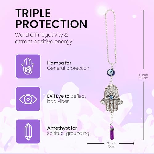 LUCKBOOSTIUM Hand Protection Amulet Car Rearview Mirror Hanging Ornament Accessories with Evil Eye Good Luck Charms - (2"x11", Amethyst) - color: Amethyst