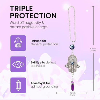 LUCKBOOSTIUM Hand Protection Amulet Car Rearview Mirror Hanging Ornament Accessories with Evil Eye Good Luck Charms - (2"x11", Amethyst) - color: Amethyst