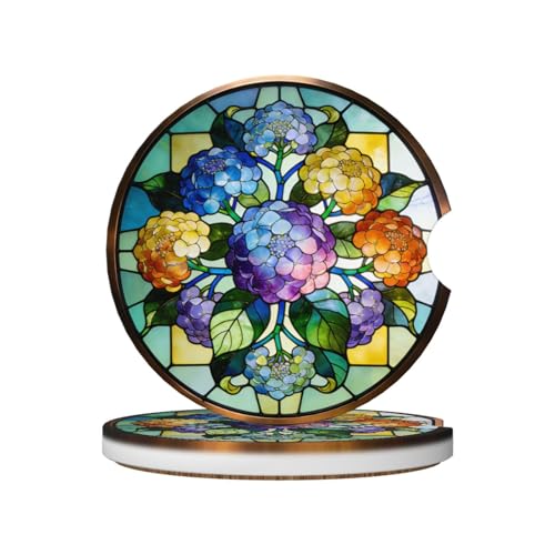 Stained Glass Hydrangea Cluster 2 Pack Car Cup Holder Coasters Absorbent Ceramic Drink Coasters 2.56" Universal Anti Slip Cup Mat with Finger Notch Auto Accessories Interior for Women Men - color: Red