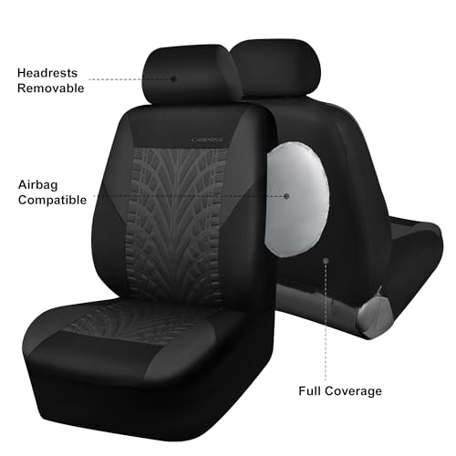 CAR PASS Emboss Tyre Front Seat Covers, Universal Fit Elastic Breath Premium Cloth seat Covers Front Seats only for Truck SUV Sedan, Airbag Compatible, Charcoal on Black - color: Black and Charcoal, size: Two Front