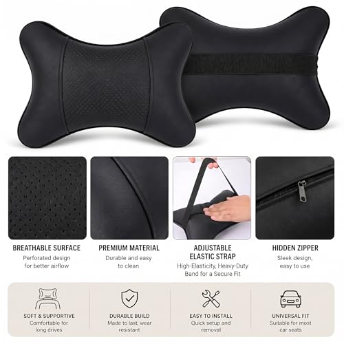 Car Pillow for Car Neck Pillow for Driving Seat Leather Neck Support Soft Cushion Support Head-Rests for Vehicle Sleeping with Elastic Adjustment Strap 2PCS (Neck, Red)