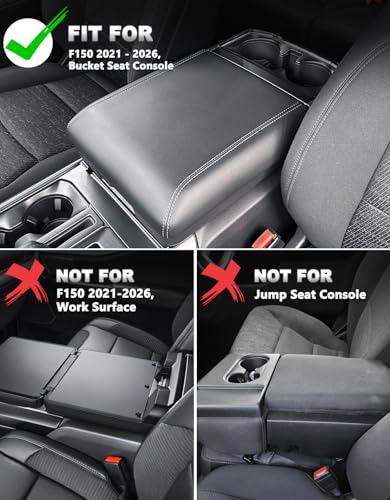 Center Console Cover for 2021-2026 Ford F150 Accessories, Vinyl Leather Middle Armrest Cusion Protector, Anti-Scratch, Bucket Seat Only(not for Work Station) - size: Bucket Seat, 2021-2026 F150, black stitch