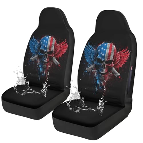 Skull American Flag Printed Car Seat Cover Front Seats Only, Waterproof Car Front Seat Covers Compatible with Airbag, All Weather Protector, Universal Fits Auto Interior Accessories - color: Black and Red - Skull American Flag
