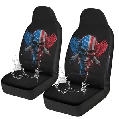 Skull American Flag Printed Car Seat Cover Front Seats Only, Waterproof Car Front Seat Covers Compatible with Airbag, All Weather Protector, Universal Fits Auto Interior Accessories - color: Black and Red - Skull American Flag