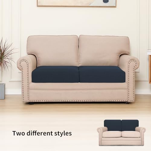 Easy-Going Stretch Individual Couch Cushion Cover Sofa Seat Furniture Protector Sofa slipcover Soft Flexibility with Elastic Bottom(2 Piece Cushion Sofa, Dark Blue) - color: Dark Blue, size: 2 Cushion Sofa