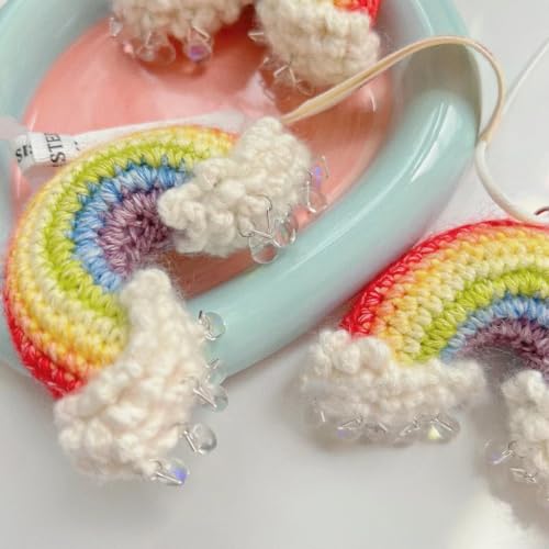 Cute Rainbow Car Mirror Hanger - Crochet Hand Knitted Rear View Mirror Accessory - color: Rainbow