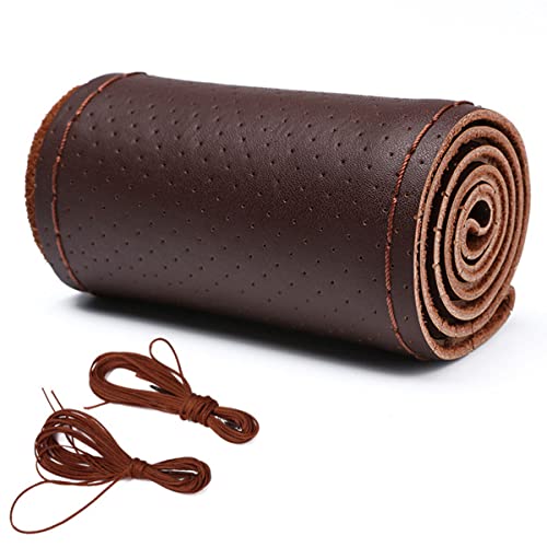 Car Steering Wheel Cover Universal Fit Round Stitch Steering Wheel Wrap Thin PU Leather Steering Wheel Cover Sewn on 15" Car Wheel (Coffee)