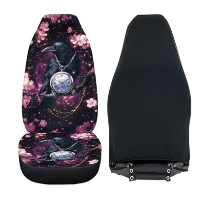 Crow Cherry Blossom Clock Print Universal Car Seat Covers Full Set of 2, Non-Fading Auto Front Bucket Seats Protector Washable Bucket Seat Covers Fit for SUV, Van, Truck, Sedan - color: Crow Cherry Blossom Clock