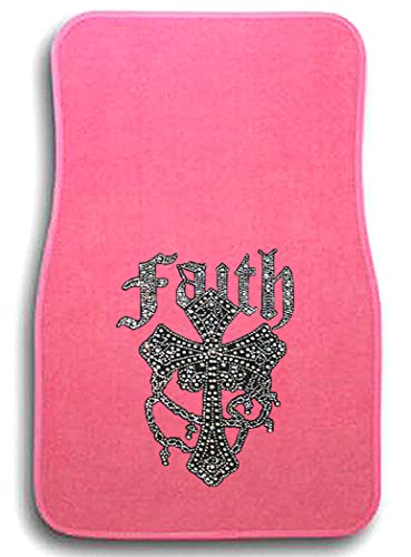 Universal Fit Front/Rear 4-Piece Full Set Crystal Bling Rhinestone Design Studded Carpet Car SUV Truck Floor Mats (Faith-Pink) - color: Faith-Pink