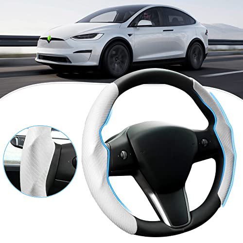 Canvcle Steering Wheel Cover for Tesla Model 3/Y 2016-2025 2026 Highland/Juniper Accessories Carbon Fiber Steering Wheel Cover Protector Non-Slip, Comfortable, Breathable, Model 3/Y Accessories, White