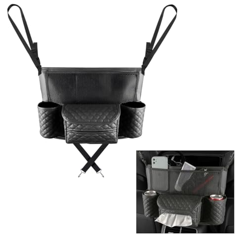 Car Purse Holder Between Seats, Luxury Leather Front Seat Back Handbag Organizer with Tissue Box Cup Holders, Auto Large Capacity Multi Pocket Purse Holder Hanging Storage Bag (Black) - color: Black