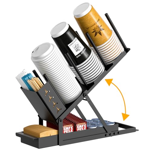 RCHYFEED Cup and Lid Holder with Straw Holder, Metal Cup Holder for Countertop, 5 Compartment Coffee Station Organizer Cup Holder for Coffee Bar Accessories, Disposable Cup Lid Organizer