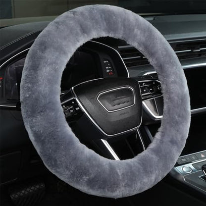 Fuzzy Wool Sheepskin car Steering Wheel Cover for Girls Women Men,Fluffy Soft Protector for Universal Steering Wheel 14 1/2-15 1/2inchs, Anti-Slip,Comforting Luxurious(Blue Grey)