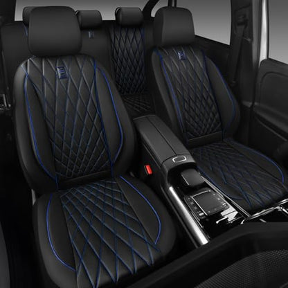 CAR PASS Piping Luxury Leather Seat Covers Full Set,5 Seats Anti-Slip Waterproof Seat Covers Compatible with Front Armrests,Universal Fit for Sendan SUV Van Truck,Airbag Compatible,Black and Blue - color: Black with Blue, size: Full Set