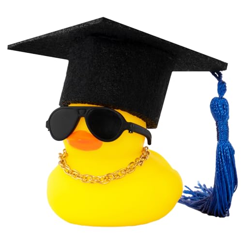 wonuu Car Dashboard Decor Graduation Hat Rubber Duck, Car Ducks Ornaments with Mini Hat Necklace Sunglasses Scarf (Blue) - color: Blue