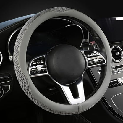 Car Steering Wheel Cover, Universal 15 inch, The Latest Microfiber Leather Breathable Technology Fabric, Non-Slip, Comfortable, Warm in Winter and Cool in Summer, Grey - color: Grey
