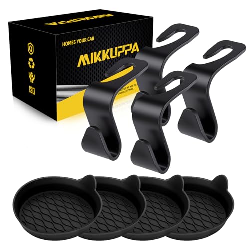 MIKKUPPA Car Seat Headrest Hook & Cup Holder Coaster - 4 Pack Universal Hanger Storage Organizer Hook for Bag Purse Coat, Non-Slip Silicone Cup Holder Insert, Car Essentials Interior Accessories