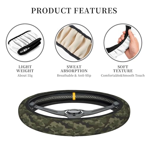 Military Camo Camouflage Black Brown Green Army Hunting Car Steering Wheel Cover,Non-Slip Elastic Neoprene-Sweat Car Accessories,Universal 15 Inch Fit Auto, Vans Trucks,Suvs, Truck - color: Military Camo Camouflage Black Brown Green