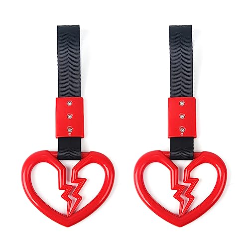 2 PCS Broken Heart Shaped Car Handle Straps Hang Ring Rear Bumper Warning Ring Decorative Subway Train Bus Handle Hand Strap Drift for Car (Red) - color: Red