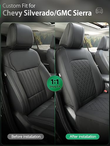 GIANT PANDA 2PCS Front Car Seat Cover for 2007-2026 Chevy Silverado & GMC Sierra 1500 2500 3500 Crew Extended Double Cab Pickup,Custom Fit Chevy & GMC Truck Seat Protectors,Faux Leather (Black) - color: Black-Luxury Edition