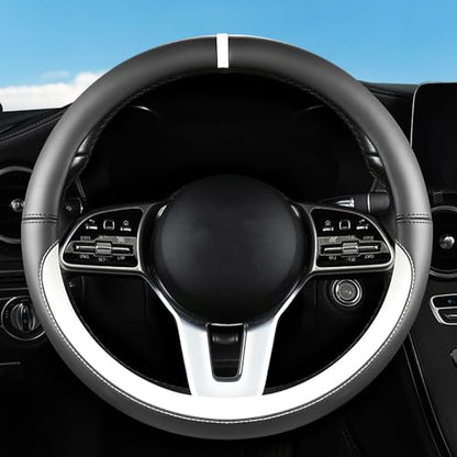 Car Leather Steering Wheel Cover - Panapi Material, Universal 14.5-15 Inch Leather Anti-Slip Breathable Auto Steering Wheel Covers for Men Women (Nappa Leather - Black & White) - color: Nappa Leather - Black & White