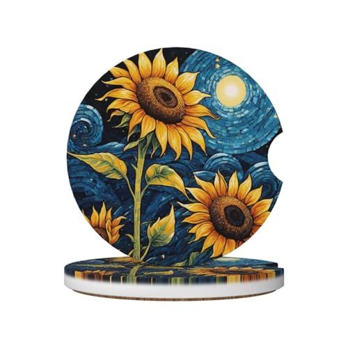 Sunflower Starry Sky Oil Painting Absorbent Ceramic Car Coasters for Cup Holders, 2.56" Anti Slip Insert Cup Coasters for Women Men (2 PCS) - color: Sunflower Starry Sky Oil Painting