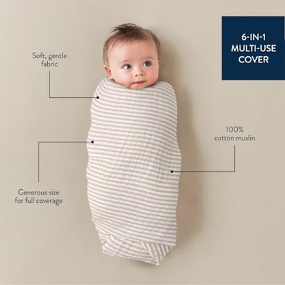 Itzy Ritzy Breastfeeding Boss Multi-Use Cover – A Nursing Cover, Swaddle, Car Seat Wrap, Tummy Time Mat & Burp Cloth All in One – Made of Soft Muslin Fabric & Measures 47” x 47” (Taupe Stripe) - color: Taupe Stripe