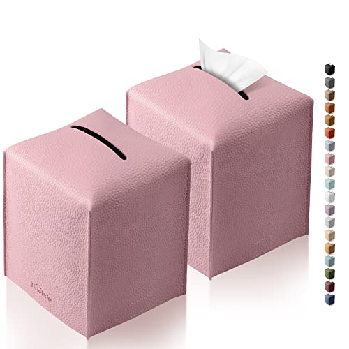Tissue Box Cover for PU Leather, Modern Simple Solid Color Holder Square Tissue Bag, Ideal for Bathrooms,Office,Car,Nightstand,Outdoor Tent,Dining Table,5"X5"X5", Double Pink - color: Double Pink