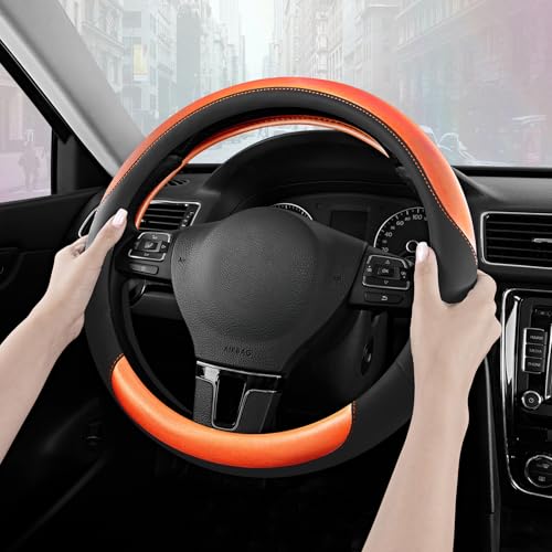 Road Comforts Steering Wheel Cover – Breathable Leather Steering Wheel Cover, Anti-Slip Grip, Universal Fit 14.5” to 15”, Heat & Cold Resistant for Cars, SUVs, and Trucks – Black & Shining Orange - color: Black&Orange