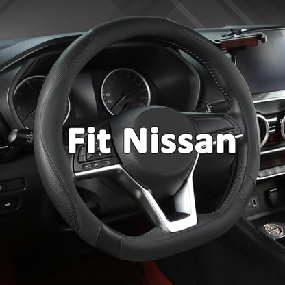 Flat Bottom Car Steering Wheel Cover for Nissan,D Shaped Steering Wheel Cover for Rogue,Altima,Kicks (Black-Standard Size)