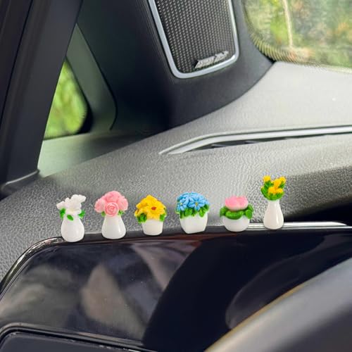 CusDusk 6 Pack Small Vase Car Dashboard Decorations, Mini Resin Cute Flowers Vehicles Rear View Mirror Ornaments, Automotive Interior Accessories for Women Men