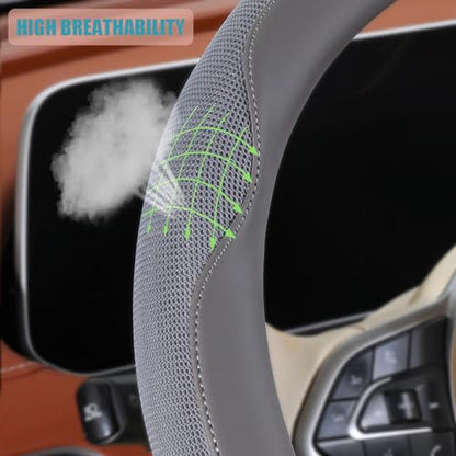 14 inch D Shaped Steering Wheel Cover for Prius Civic, Nappa Microfiber Leather Non-Slip Breathable Fabric, Warm in Winter and Cool in Summer, Gray Small 13.5 inch to 14 inch - color: Gray, size: D Shape-S[13.5''-14'']