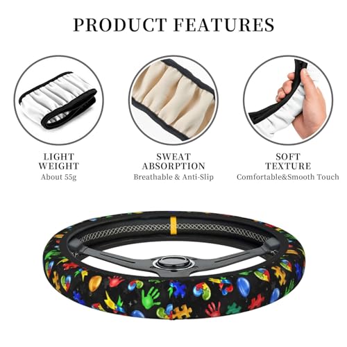 Autism Awareness Steering Wheel Cover Anti-Slip,Sweat Absorption Universal 15 inch Steering Wheel Covers Cute car Accessories for Men Women - color: Black 2