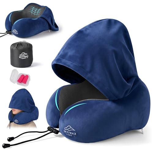 SkytraxComf® Travel Neck Pillow with Hood for Privacy on Long Flights | Memory Foam | Airplane Sleep | Safety-Tested Materials | Extra Large Hood | Chin Support | Earplugs | Washable Cover