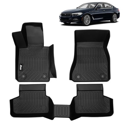 FREEMOTOR802 Compatible with 2017-2023 BMW 5-Series G30 Floor Mats, Black 3D Molded Carpets Liner 1st 2nd Row Front Rear Protection Pad 3PC TPE Thermo Plastic Elastomer All Weather Protector - size: For BMW 5-Series G30 2017-2023