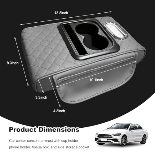 Car Center Console Armrest Pillow, Multifunctional Armrest Box Cover with Cup Phone Tissue Holder & Side Pockets, Waterproof Leather Middle Console Cushion for Most Vehicles (Gray, Embroidered) - color: Gray, size: Embroidered