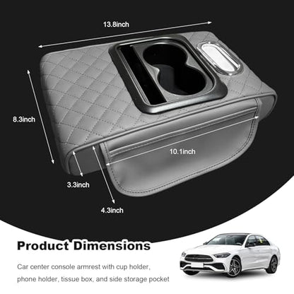 Car Center Console Armrest Pillow, Multifunctional Armrest Box Cover with Cup Phone Tissue Holder & Side Pockets, Waterproof Leather Middle Console Cushion for Most Vehicles (Gray, Embroidered) - color: Gray, size: Embroidered