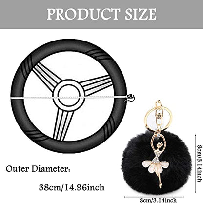 ZYNQACC 4PCS Set Fluffy Steering Wheel Covers with Handbrake Cover&Gear Shift Cover&Plush Keychain Faux Wool Furry Steering Wheel Cover For Women Auto Interior Universal Fit for 15 Inch (Black)