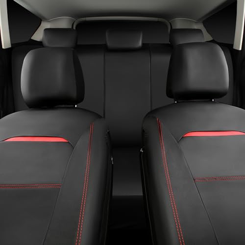 CAR PASS Leather Car Seat Cover Full Set with Steering Wheel Cover and 2PCS Seat Belt Shoulder Pads,for Trucks and SUV with Built-in Seatbelts and Front Seat Side Armrests(Combo Set, Black and Red) - color: Black Red Set
