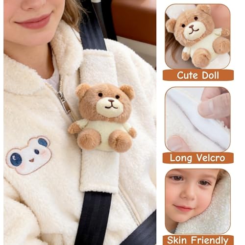 2 PCS Seat Belt Cover Pad, Cute Kawaii Animal Bear Seatbelt Covers for Kids and Adults, Winter Plush Fluffy Soft Seat Belt Cover, Cartoon Seatbelt Cushion,Car Seat Strap Pads (D-Bear) - color: D-Bear