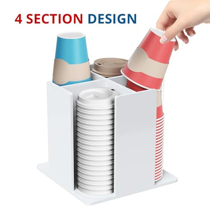 KOTEMON Cup and Lid Holder, 4 Compartment, Square | Rotating Coffee Cup Dispenser Lid Carousel for Restaurant, Buffet, Coffee Station, Bar, Countertop, White Acrylic - color: White