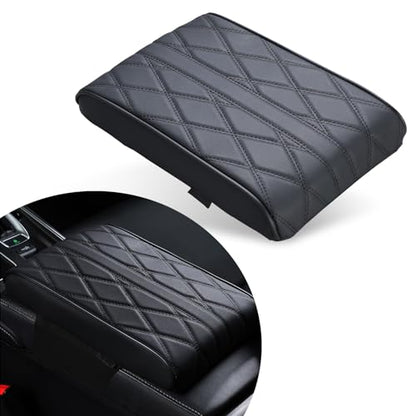 Pack-1 Car Armrest Box Booster Pad, 12.5" x 8.6" x 1.9" Memory Foam Leather Relieve Elbow Pressure Cushion, 3D Diamond Lattice Non-Slip Breathable Protection, Universal for Cars (Black)