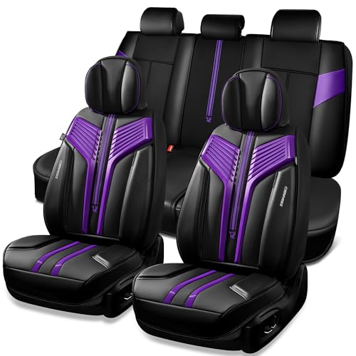 CAR PASS Nappa Leather Seat Covers, Breathable Waterproof Car Seat Covers Full Set, Luxury Leather Front and Back Seats Full Coverage, Universal Fit SUV Pick-up Truck Sedan Automotive(Black Purple) - color: Black Purple, size: Full Set Full Coverage