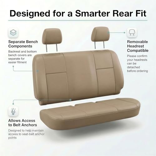 FH Group Classic PU Leather Split Bench Car Seat Cover – Universal Fit for Cars Trucks & SUVs (Solid Beige) - color: Solid Beige, size: Rear Set