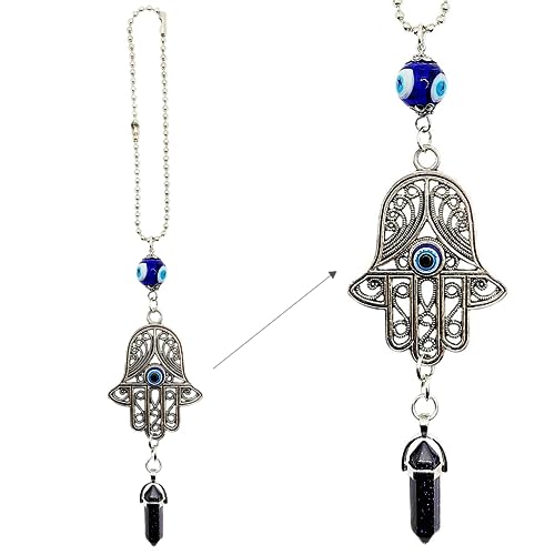LUCKBOOSTIUM Hamsa Protection Amulet with Evil Eye – Car Hanging Ornament, Rearview Mirror Charm, Black Stone Good Luck Symbol, Positive Energy & Fortune Gemstone Decoration for Home or Auto (2"x11") - color: Black Stone