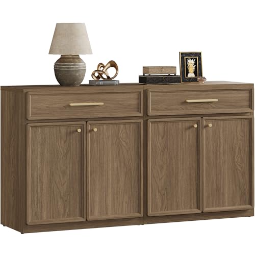 SICOTAS Buffet Cabinet with Storage Tall Modern Accent Storage Cabinet with Doors and Shelves 60 inch Wide Wooden Sideboard Credenza Buffets Console Table Coffee Bar for Kitchen Dining Living Room - color: Walnut, size: 2 Pieces