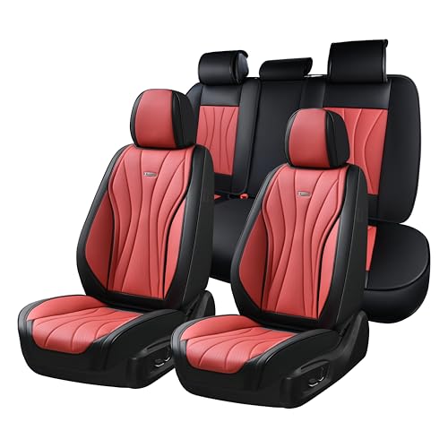 Coverado Car Seat Covers Full Set, Premium Leather Seat Cover for Cars, Front and Back Car Seat Protector, Waterproof Car Seat Cushion Universal Fit for Most Vehicles(Black&Red) - color: Black&Red, size: FullSet